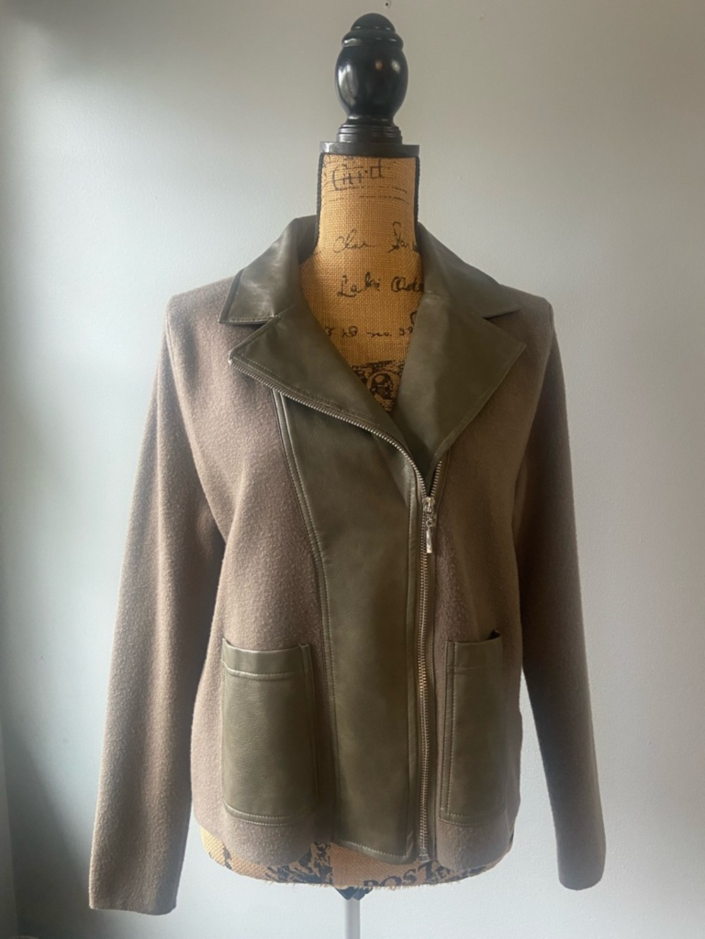 Sioni Sz L Olive Brown Mixed-Media Leather-Trim Women’s Zip Jacket
